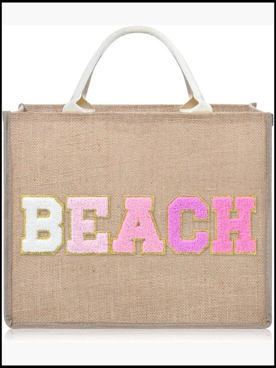 Handbags - Large Woven Straw Tote Beach Bag with Chenille Patches Water-Resistant Lining